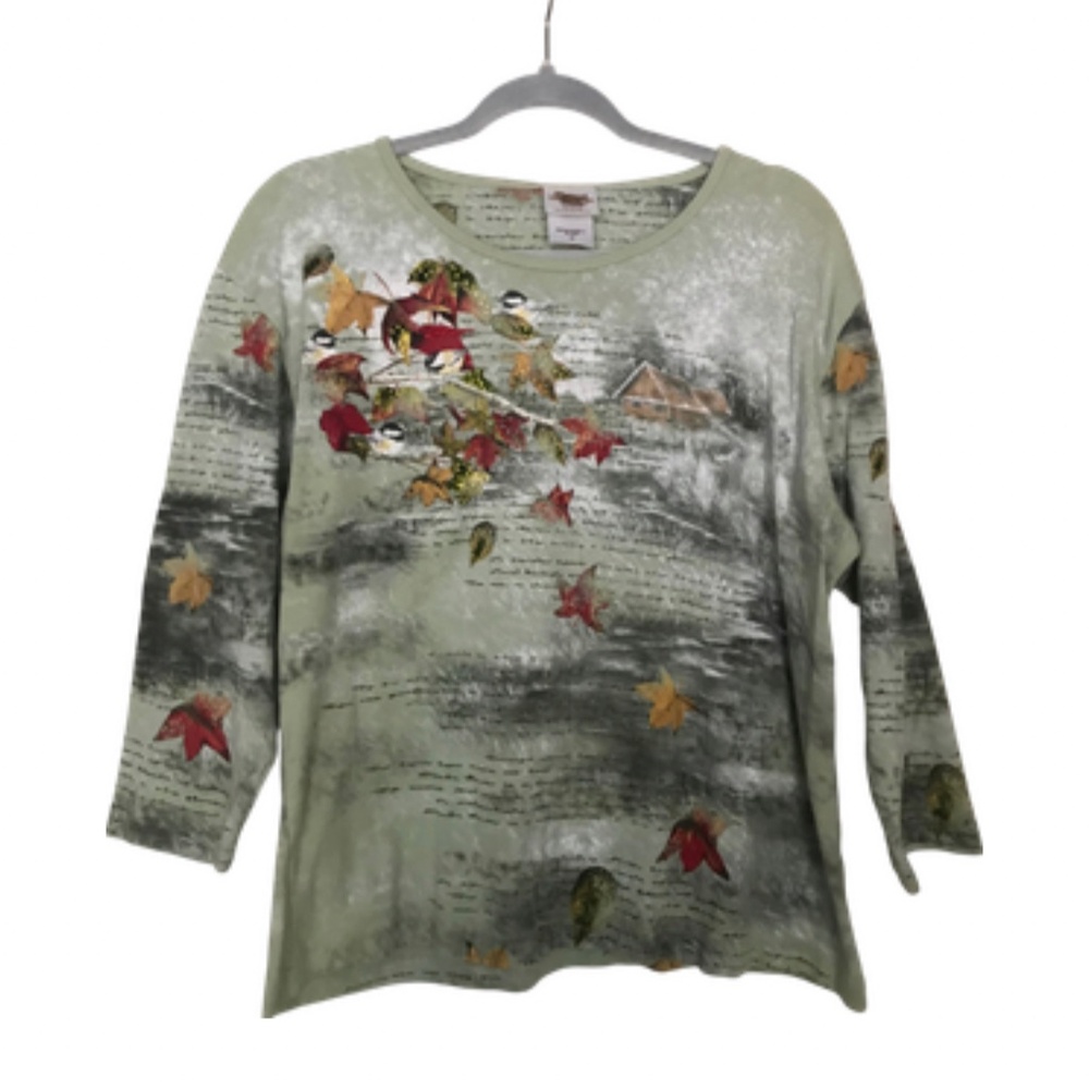 Pleasant Shade Tee Top 2x Birds Barns Leaves 3/4 Sleeve Cotton Bedazzled Bling
